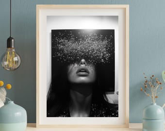 Surreal black and white portrait | Floral art and feminine elegance | Ideal for modern living spaces | Feminine wall art