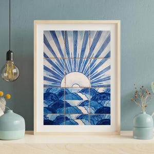 アズレージョ壁画：日の出｜ポルトガルの風景と小道｜セミマットポスターとして手描きされたセラミックタイルアート