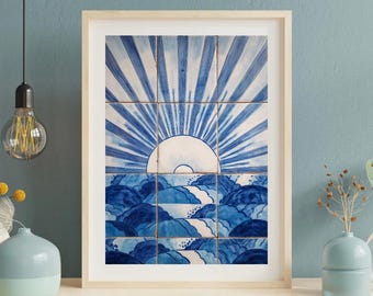 Azulejo Wall Mural: Sunrise | Portuguese Landscape with Path | Hand-painted Ceramic Tile Art as a Semi-Matte Poster