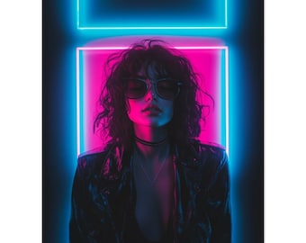 Neon Noir Poster - Retro-Futuristic Urban Art - Bold Blue & Pink Elegance - Gift for Art Lovers
