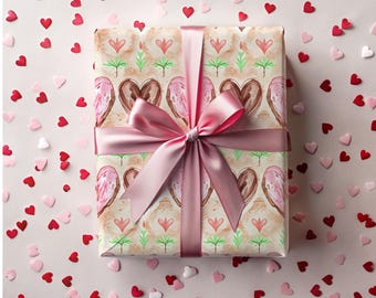Floral Watercolor Hearts Wrapping Paper, Romantic Gift Wrap