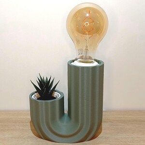 Peut inclure: Lampe olive verte imprimée en 3D avec jardinière intégrée. Elle comprend une grande ampoule chaude et une petite plante succulente. Le design est moderne et minimaliste, idéal pour un bureau ou une table d'appoint. Dimensions en centimètres.