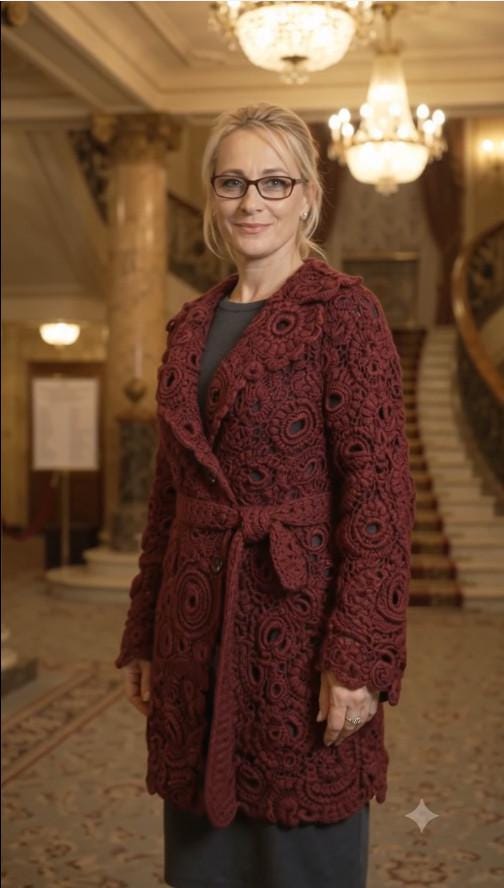 Handmade Irish Lace Crochet Coat Cardigan. Handcrafted Burgundy