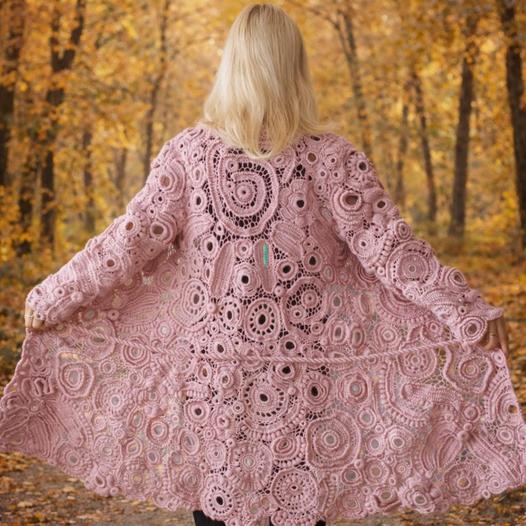 Handmade 3D Irish Lace Coat, Pink Floral Crochet Cardigan, Long