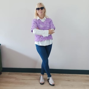 Chic lavender Crochet Blouse: Stylish Women&#39;s Handmade Top, Crochet blouse, Handmade knitted blouse, blouse for Women, Irish Lace Blouse