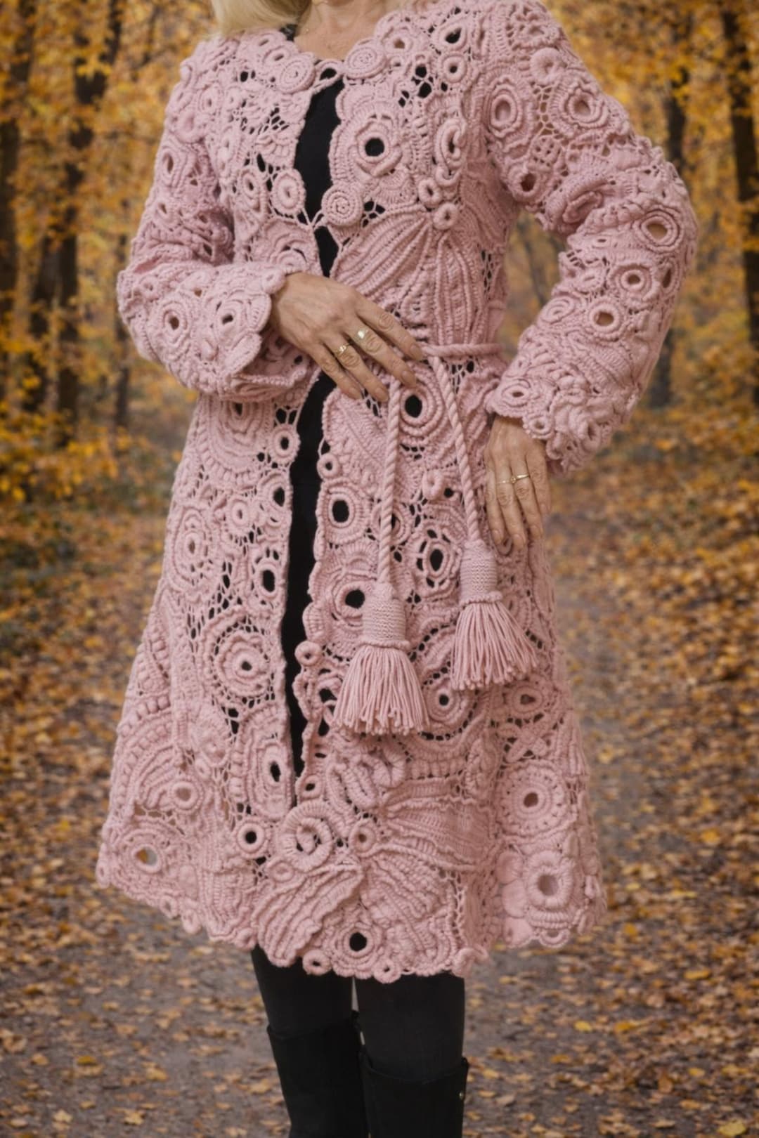 Handmade Irish Lace Coat – Boho Wedding Cardigan in Dusty Pink