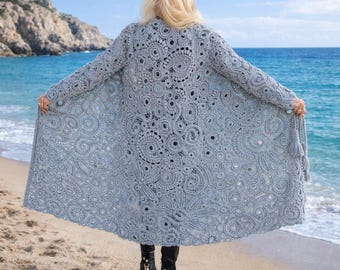 Handmade Irish Lace Crochet Cardigan. Light Gray Long Crochet Lace Coat for Wedding | Handmade Irish Lace Cardigan Duster (SOLD)
