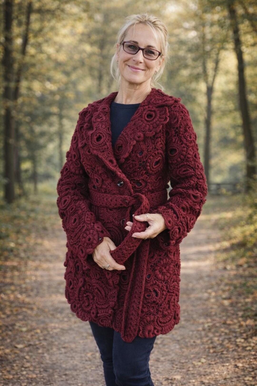 Handmade Irish Lace Crochet Coat Cardigan. Handcrafted Burgundy