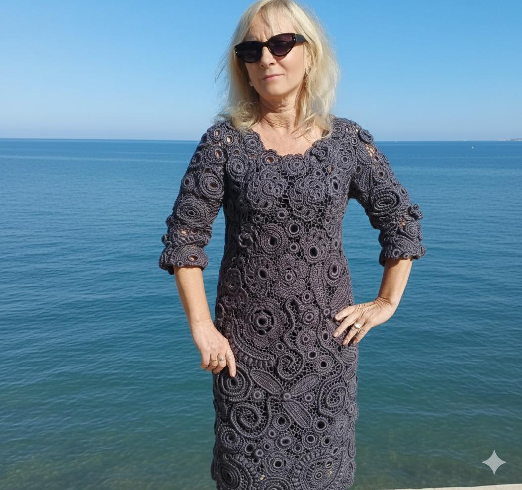 Handmade Irish Lace Crochet Dress, Charcoal Gray 3D Floral Gown, Luxury Mother of the Bride Dress, Wearable Art Boho Chic Outfit M-L
