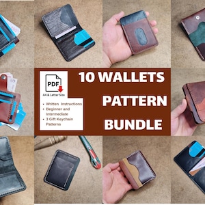 Puede incluir: Una colección de carteras de cuero en varios diseños y colores, incluyendo negro, marrón y azul. La imagen también muestra un paquete de patrones PDF con instrucciones para hacer 10 carteras, adecuado para principiantes e intermedios.