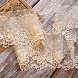Ribete de encaje antiguo de Bruselas de 230 cm, encaje de red hecho a mano con apliques florales, encaje flamenco del siglo XIX para novias, alta costura y restauración.