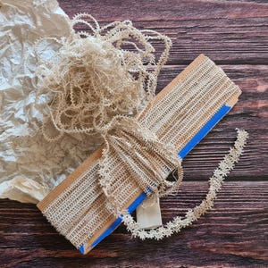 Può includere: Primo piano di passamaneria in pizzo beige su una bobina di legno con bordo blu e un mucchio di pizzo sciolto. Il pizzo è su una superficie di legno marrone scuro con un pezzo di carta stropicciata.