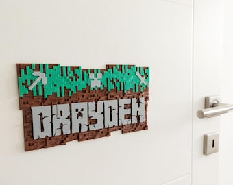 Jeu minier artisanat nom personnalisé signe accroche-porte personnalisé enfants chambre décor mur art fête d'anniversaire cadeau pour garçon
