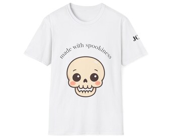 Cute Skull Halloween T-Shirt, Made with Spookiness, Unisex Tee, Gift for Horror Lovers, Funny Halloween Shirt, Casual Everyday Wear