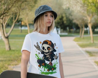 Skate Punk Skeleton T-Shirt: Unisex Heavy Cotton Tee, Streetwear Fashion