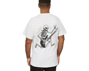 Rockin' Skeleton Tee - Unisex Heavy Cotton Shirt for Music Lovers, Casual Wear, Halloween, Concerts, Gifts
