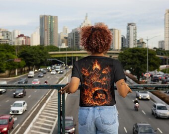 Flaming Skeleton Drummer Tee: Unisex Heavy Cotton Rock Music Shirt