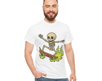 Skeleton Skateboard t shirt: Unisex Heavy Cotton Streetwear Shirt