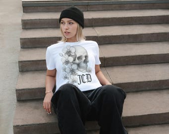 Skull Floral T-Shirt: Unisex Heavy Cotton, Edgy Gothic Style