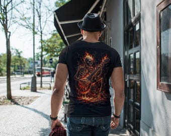 Flaming Skeleton Guitar T-Shirt: Halloween Rock Tee