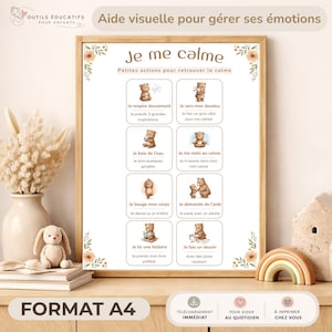 Peut inclure: Une affiche A4 encadrée avec le texte "Je me calme" et des illustrations d'activités apaisantes. L'affiche a un cadre beige et comprend du texte en français. Un vase avec des fleurs séchées et un lapin en peluche sont au premier plan.