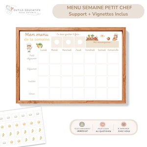 Peut inclure: Tableau de menu hebdomadaire pour enfants, avec un cadre en bois. Il présente une illustration de chef et des espaces pour la planification des repas. Comprend le texte "Mon menu de la semaine" et des autocollants en forme d'étoile.