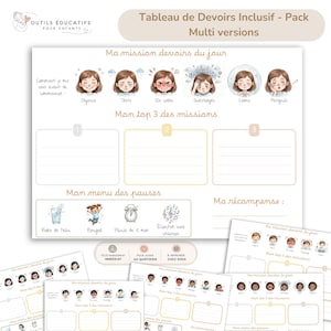 Puede incluir: Un gráfico educativo blanco con el texto "Tableau de Devoirs Inclusif - Pack Multi versions". El gráfico presenta ilustraciones de niños que expresan diferentes emociones y espacios para tareas y recompensas diarias. Incluye gráficos más pequeños adicionales.