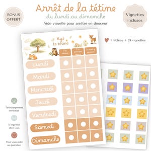 Arrêter la tétine enfant PDF – Aide visuelle portrait à imprimer – Tableau de progression forêt – Sevrage tétine en douceur – Diplôme offert