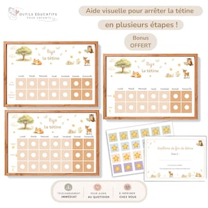 Peut inclure: Aide visuelle encadrée en bois pour enfants, sur le thème de la forêt, avec un renard, un hibou et un cerf. L'aide comprend un tableau avec les jours de la semaine, une planche d'autocollants étoiles et un certificat. Texte: "Bye la tétine".
