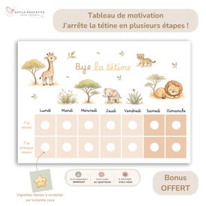 Peut inclure: Tableau de motivation avec le texte "Bye la tétine". Il présente des illustrations d'une girafe, d'un lion, d'un éléphant et d'un guépard. Le tableau comporte des espaces pour chaque jour de la semaine et les textes "J'ai réussi" et "J'ai presque réussi".