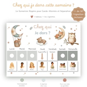 Peut inclure: Un tableau hebdomadaire intitulé Chez qui je dors ? illustré avec un renard en montgolfière, un ours sur un nuage et un hibou. Il comprend les jours de la semaine, des espaces pour des vignettes et des étiquettes pour la famille comme Maman et Papa.