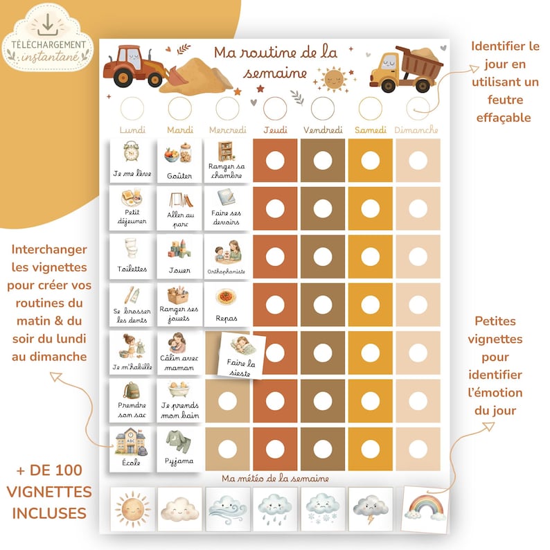 Printable Backhoe Loader Weekly Planner for Kids | PDF Visual Routine ...