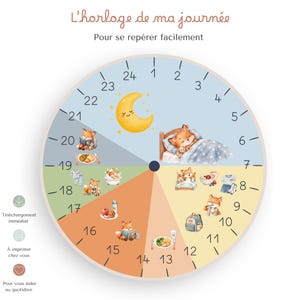 May include: A circular 24-hour daily routine clock featuring the text L'horloge de ma journée and Pour se repérer facilement. The clock face is divided into colored segments with watercolor illustrations of a fox performing daily activities.