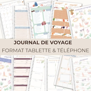 May include: A collection of spiral-bound travel journals with various layouts, including checklists, budget trackers, and itinerary pages. The journals feature beach-themed illustrations and the text "JOURNAL DE VOYAGE FORMAT TABLETTE & TÉLÉPHONE".