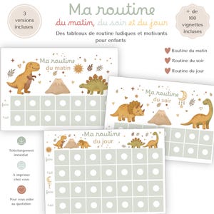 Könnte beinhalten: Drei druckbare Routine-Diagramme für Kinder mit Dinosaurier-Illustrationen, inklusive Vulkan, Sonne und Mond. Jedes Diagramm enthält Zeilen mit den französischen Begriffen 'A faire' und 'Fait' sowie kreisförmige Felder für tägliche Aufgaben.