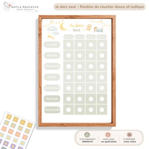 Op de afbeelding: Een ingelijste grafiek met de Franse tekst "Je dors seul - Routine du coucher douce et ludique". De grafiek heeft vakken voor elke dag van de week, met decoratieve elementen zoals een maan, sterren en een bed. Een vel stickers is zichtbaar in de linker benedenhoek.