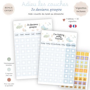 May include: Two potty training charts with a sea creature theme, one in French and one in English, featuring a turtle and whale illustration. Each chart includes a grid for days of the week and a separate sheet of 54 small square stickers with yellow drop and brown poop icons.