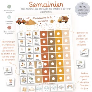 May include: A weekly routine chart titled Ma routine de la semaine featuring illustrations of a tractor and dump truck. The grid includes columns for days of the week, rows for daily tasks, and a section for weather icons with over 100 small stickers.