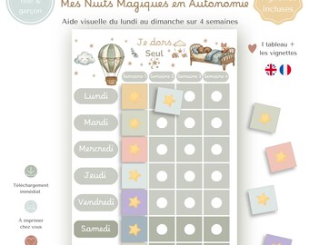 Pode incluir: Um quadro visual de quatro semanas intitulado Le Défi des 4 Semaines: Mes Nuits Magiques en Autonomie, apresentando um balão de ar quente, uma cama com um urso e autocolantes em forma de estrela. A grelha lista os dias de Lundi a Dimanche.