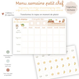 Printable children's weekly menu, Little Chef children's meal planner, Kitchen dashboard, Fun snack challenge, Positive meal education.