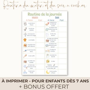 Könnte beinhalten: Eine druckbare Tagesablauf-Tabelle für Kinder ab 7 Jahren. Die Tabelle ist in Morgen- und Abendabschnitte unterteilt, mit illustrierten Aufgaben wie Zähneputzen und Anziehen. Enthält den Text "+ BONUS OFFERT".