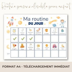 Puede incluir: Tabla de rutina diaria imprimible en tamaño A4 para niños. El gráfico presenta un tema espacial con un cohete, un astronauta y planetas. Incluye tareas ilustradas. Texto: "Ma routine du jour".