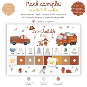 May include: A visual routine chart titled Je m'habille Seul featuring fire truck illustrations, a firefighter character, and a Dalmatian. It includes rows of clothing icons like underwear, socks, t-shirts, pants, and boots, with star stickers for tracking progress.