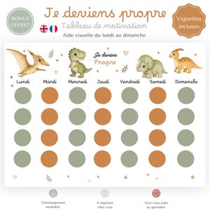 May include: A white motivation chart titled Je deviens propre with dinosaur illustrations, days of the week from Lundi to Dimanche, and a grid of alternating sage green and terracotta circles. Includes text labels and small star and heart icons.