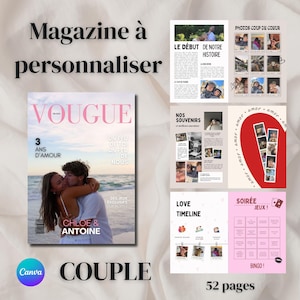 Peut inclure: Un magazine personnalisé avec le mot "VOGUE" en couverture, présentant un couple sur une plage. Le magazine comprend des pages avec des photos, du texte et les mots "LOVE TIMELINE" et "SOIRÉE JEUX!" en rose.