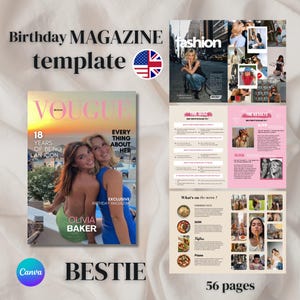 以下が含まれることがあります： 2人の女性をフィーチャーした、Vogueスタイルの表紙の誕生日雑誌テンプレート。雑誌には、ファッション、クイズ、メニューに関するセクションが含まれています。テキストには「Birthday Magazine template」、「BESTIE」、および「56ページ」が含まれています。