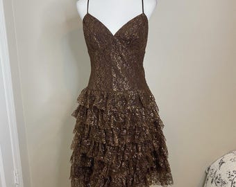 Vintage Y2K Betsey Johnson Copper Brown Metallic Lace Tiered Strap Dress 10