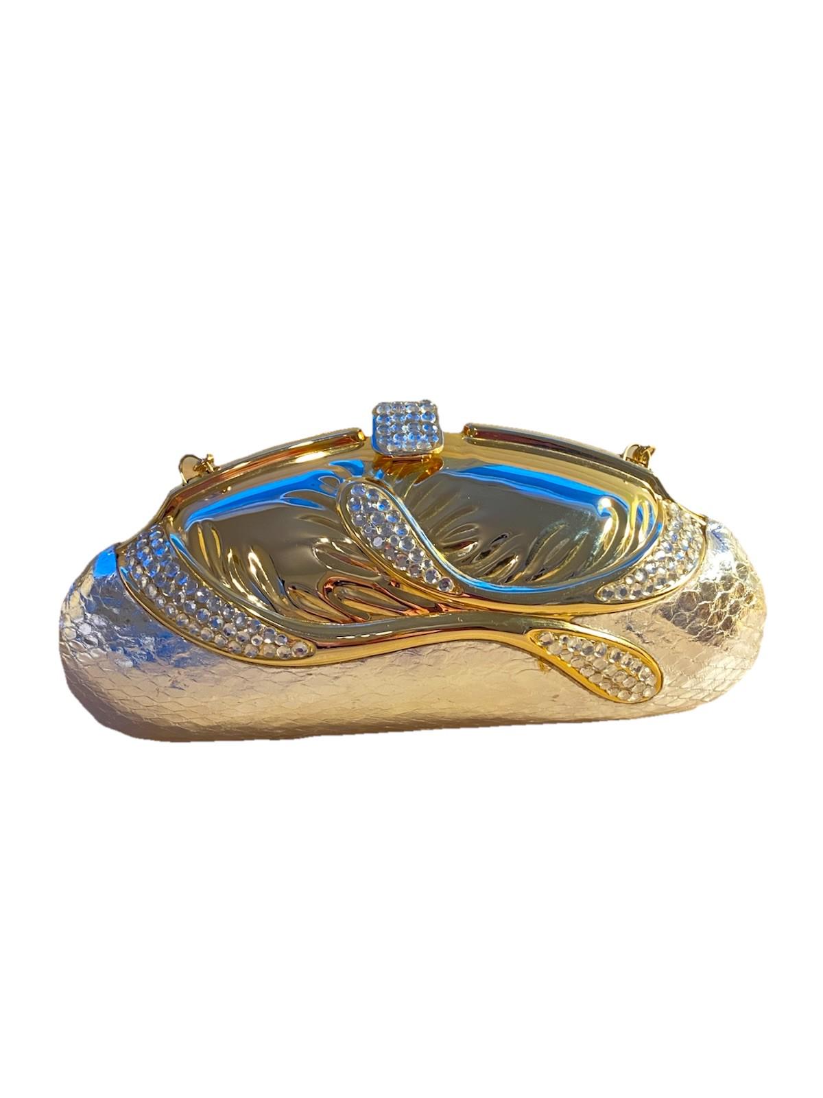 Vintage Sasha 80’s Metallic Evening Clutch Bag W Strap Gold Silver Rhinestones