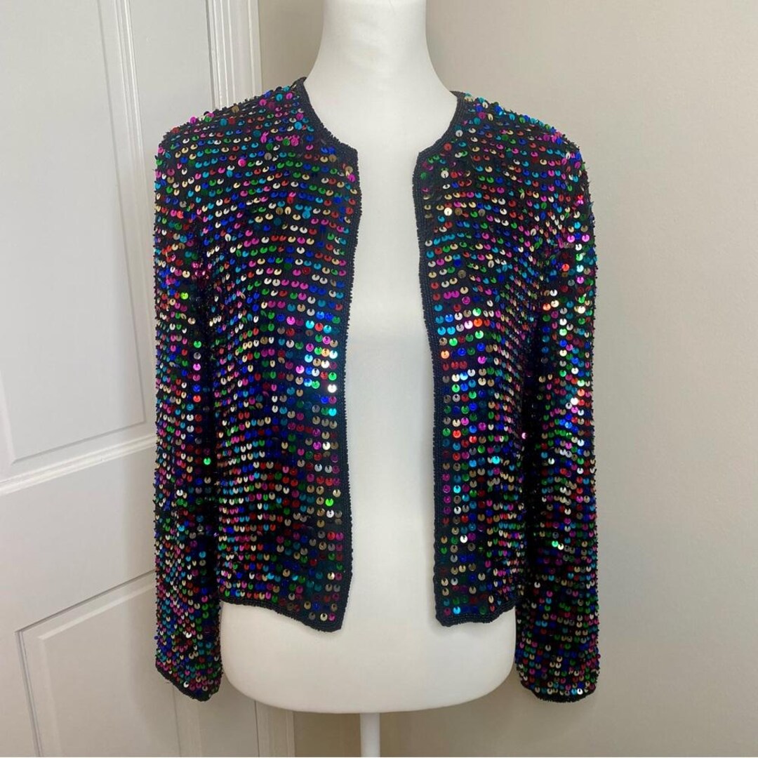 VINTAGE 90's 100% Silk sequin Rainbow Papell Boutique Evening Crop