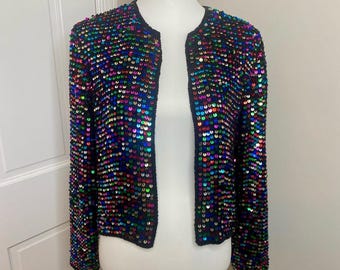 VINTAGE 90’s 100% Silk Sequin Rainbow Papell Boutique Evening Crop Jacke…
